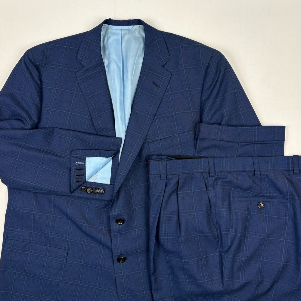 Bespoke Oxxford Clothes Wool Surgeon's Cuffs Pleated Suit 50R Navy Windowpane
